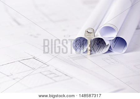 Key to Success. Key on a keyring. Success concept. Isolated on several drawings for the project engineer jobs