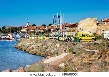 Nessebar, Bulgaria - July 25, 2016: Port, boats and taxi row in old town in Nesebar in Bulgaria