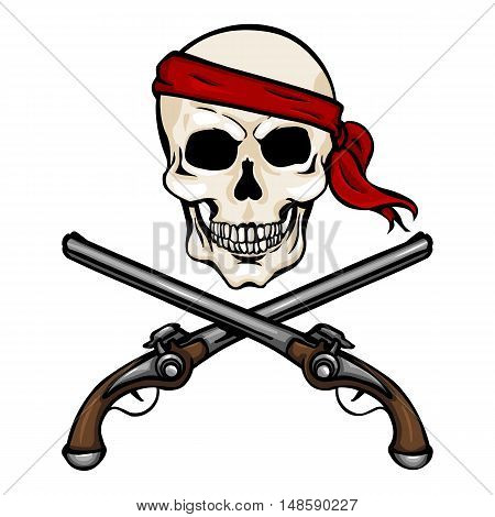 Vector Cartoon Pirate Skull In Red Headband With Cross Pistols
