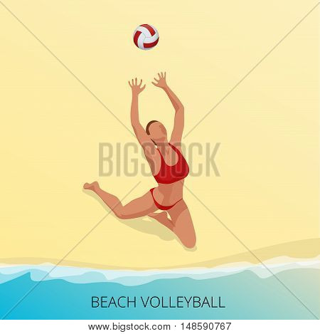 Isometric Volleyball player on a beach jumping hits the ball. Fitness or training concept. Sporting Championship International Beach Volley Match Competition