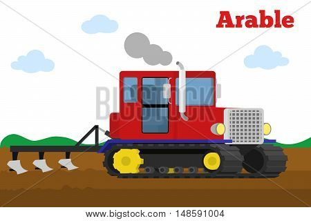 Vector illustration of a agricultural crawler tractor with plow tillage a field. Equipment for agriculture. Arable stage.