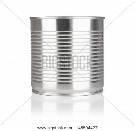 tin containers without labels canned food on a white background with reflection