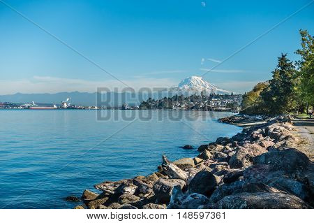 A view of Mount Rainier from Ruston Washington.