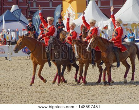 MOSCOW, RUSSIA - September 3, 2016: Fancy riding of the Kremlin school of riding on the Red Square. September 3, 2016 in Moscow, Russia