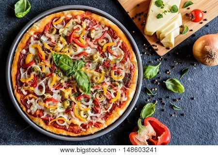 Pizza With Salami, Olives, Pepper, Onion And Cheese