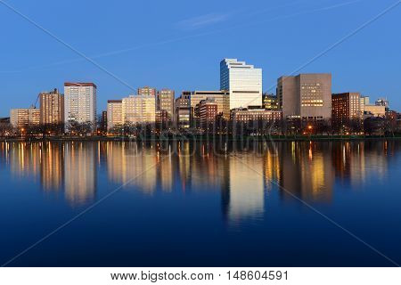 Boston Massachusetts General Hospital and West End Skyline at night, viewed from Cambridge, Boston, Massachusetts, USA