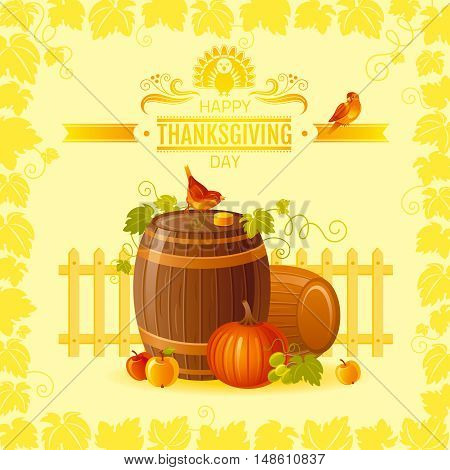 Thanksgiving vector illustration of beautiful autumn still life on sunny background with modern elegant text lettering, copy space. Countryside fall farm symbol - wine cask, cider apple, pumpkin