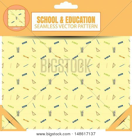 Vector package of seamless pattern of items for education on the light yellow background with unit of pattern in the top.