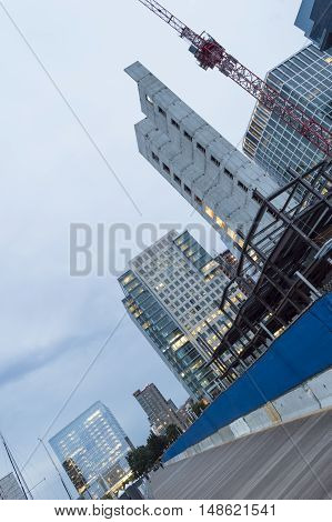 South Boston Massachusetts USA - September 1 2016: Steel rising at 50 Liberty waterfront residential construction project along Boston's Harborwalk