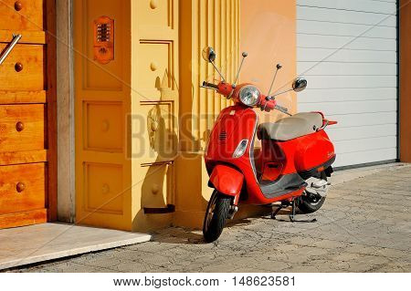 Genova, Italy - August 17, 2016 Vespa LX 50 - iconic Italian scooter