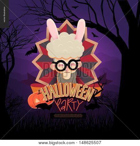 Halloween Party. Flat vectror cartoon illustrated design of an old lady wearing bunny ears in center of striped shield, bats, pumpkin jack-o-lantern, ribbon, lettering, forest landscale, trees, hills