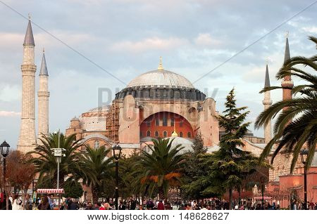 TURKEY ISTANBUL - NOVEMBER 06 2013: Autumn view of the Hagia Sophia on the Sultanahmet Square in Istanbul. Hagia Sophia was a Greek Orthodox Christian basilica later Ottoman mosque now a museum.