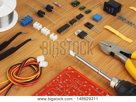 Electronic DIY KIT and hand tools for electronics assembly.