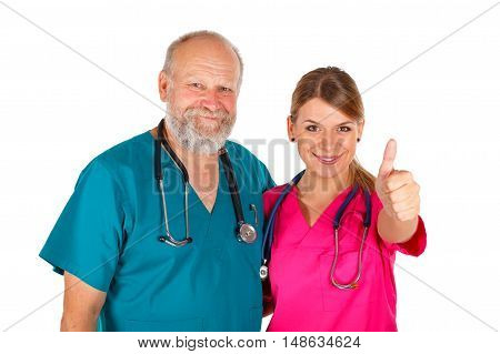 Picture of a happy doctor and a young nurse showing thumbs up