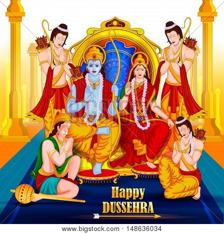 easy to edit vector illustration of Lord Rama Sita with Laxmana and Hanuman in Happy Dussehra background showing festival of India