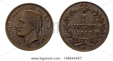 One 1 cent Lire Copper Coin 1903 Value Umberto I Kingdom of Italy, Mint of Rome, Umberto I Head of Front, Value laurel on Back