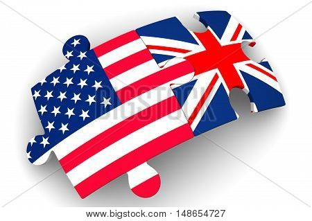 Cooperation between the United States of America and the United Kingdom. Puzzles with flags of the United States of America and the United Kingdom on a white surface. The concept of coincidence of interests in geopolitics. Isolated. 3D Illustration