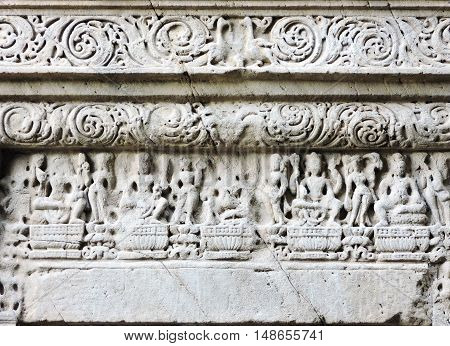 Architectural details of historic Kangra Fort's temple complex in
northern India