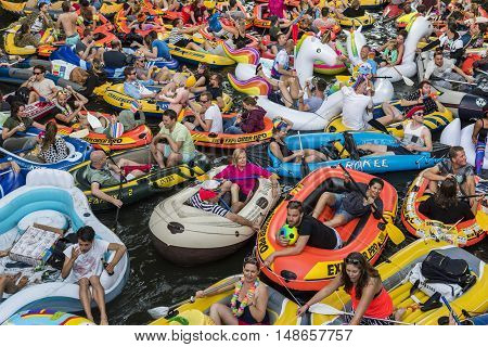 Utrecht The Netherlands - August 6 2016: People at Rubber Boat Mission in Utrecht world record The Netherlands