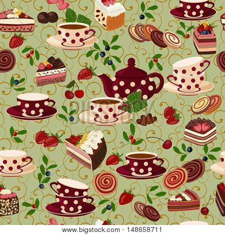 Seamless pattern with teapots, cups, sweets and berries.