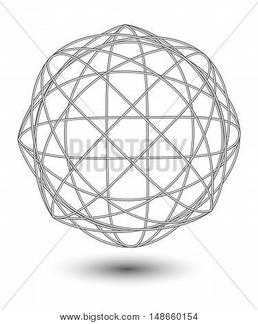 Vector abstract metall wire ball with shadow on white background.
