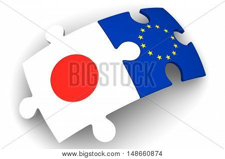 Cooperation between the European Union and Japan. Puzzles with flags of the European Union and Japan on a white surface. The concept of coincidence of interests in geopolitics. Isolated. 3D Illustration