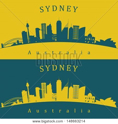 Two Sydney skylines in green and yellow background. Editable vector file.