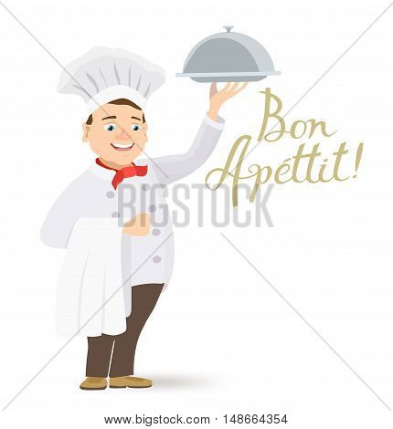 cartoon happy chef holding a platter with bon apettit message