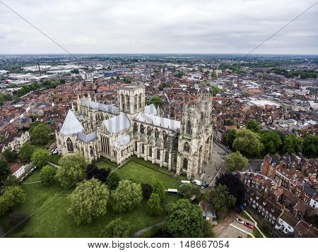 The Big Cathedral of York Church in Yorkshire Aerial