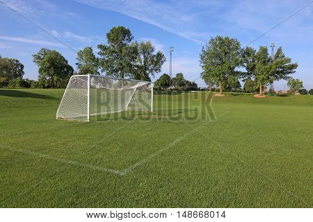 A view of a net on a vacant soccer pitch in morning light.