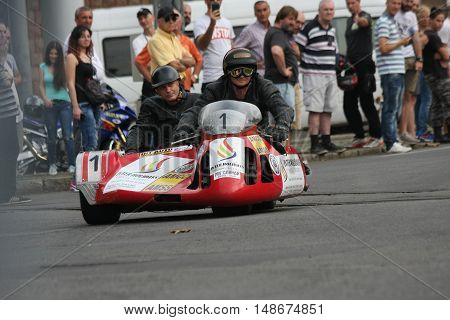 BELGRADE,SERBIA - SEPTEMBER 10, 2016: Oldtimer sidecar motorcycle at the commercial race of old cars in memory of formula 1 race held on the same place in 1939 two days after the beginning of Second World War when the famous Italian driver Tazio Nuvolari 