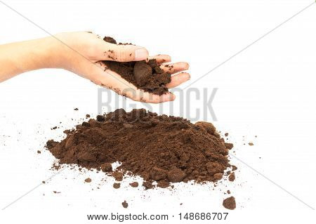 Hand hold coffee ground on white background skin care and beauty concept