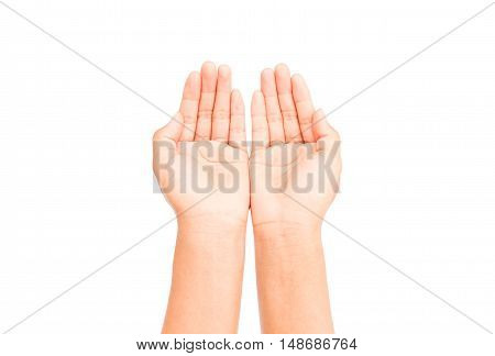 Woman hands praying on white background religion concept