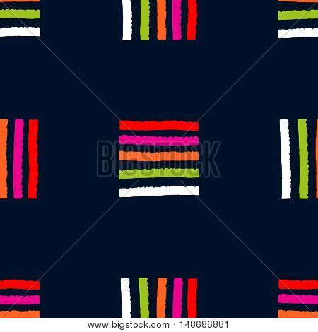 Colorful hand drawn geometric print. Vector seamless pattern with ethnic ornament for design textile, fabric, wrapping paper, package, wear, accessories.
