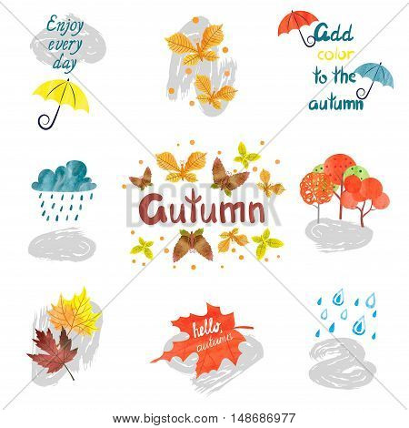 Set of watercolor autumn signs and symbols isolated on white. Vector colorful fall collection.
