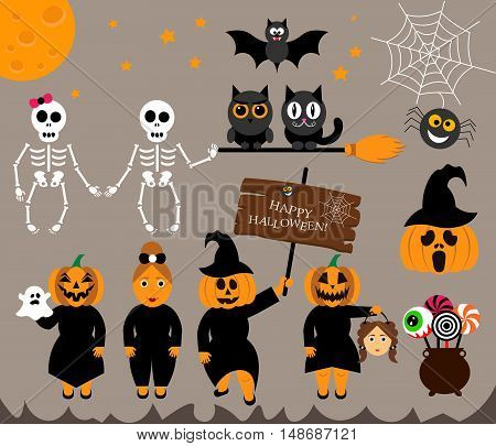 Vector set characters for Halloween in cartoon modern style.People - Pumpkin, ghost, candy, cauldron, cat, owl, broom, moon, bat and other traditional elements of Halloween.