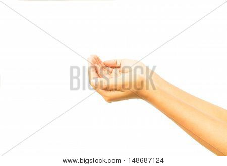 Woman hands praying on white background religion concept