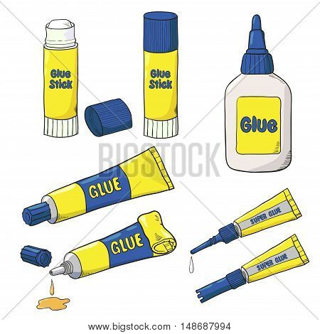 Cartoon Glue set. Vector collection of glue tubes, bottle and stick isolated on white