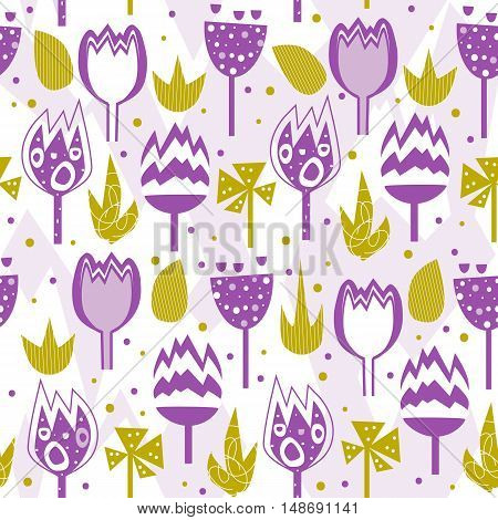 Seamless vector pattern of abstract flowers. Cartoon floral decorative wallpaper.