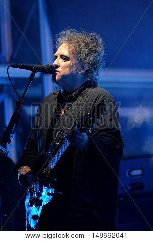 Lead singer Robert Smith performing live with The Cure  at Bestival Festival, Newport,  Isle of Wight September 10th 2016