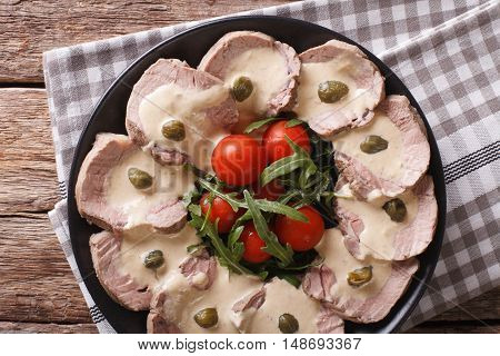 Italian Beef With Tuna Sauce Close-up. Horizontal Top View