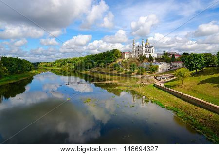 Beautiful view of Holy Assumption Cathedral on Uspenskaya mountain above Western Dvina Vitebsk Belarus