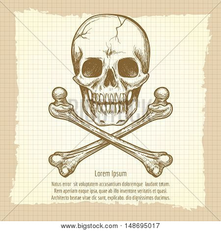 Hand drawing skull and cross of bones and place for text on vintage bckground. Vector illustration