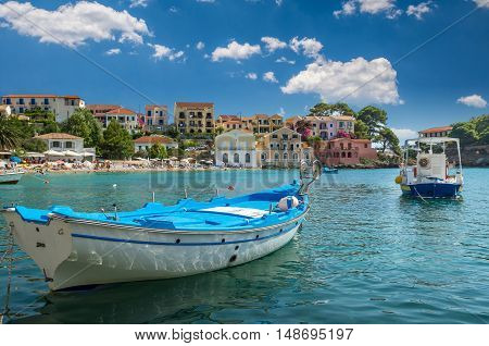 Assos on the Island of Kefalonia in Greece. View of beautiful bay of Assos village, Kefalonia island, Greece