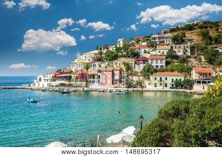 Assos on the Island of Kefalonia in Greece. View of beautiful bay of Assos village, Kefalonia island, Greece