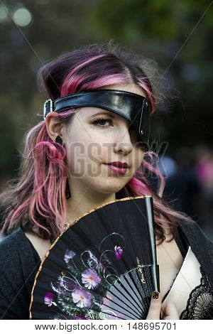 CAGLIARI, ITALY - May 29, 2016: Sunday at La Grande Jatte VIII Ed. At the Public Gardens - Sardinia - portrait of a beautiful girl in the steampunk costumes