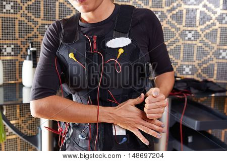 EMS electro stimulation suit woman with cables