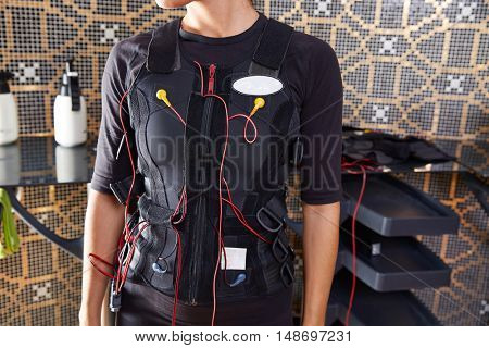 EMS electro stimulation suit woman with cables