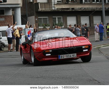 BELGRADE,SERBIA - SEPTEMBER 10, 2016: Ferrari as safety car at the commercial race of old cars in memory of formula 1 race held on the same place in 1939 two days after the beginning of Second World War when the famous Italian driver Tazio Nuvolari won