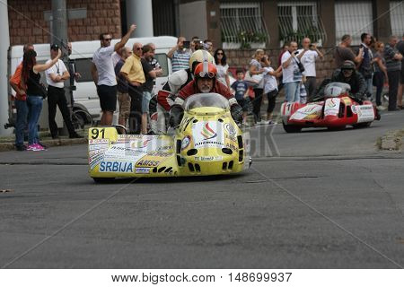 BELGRADE,SERBIA - SEPTEMBER 10, 2016: Oldtimer sidecar motorcycle at the commercial race of old cars in memory of formula 1 race held on the same place in 1939 two days after the beginning of Second World War when the famous Italian driver Tazio Nuvolari 